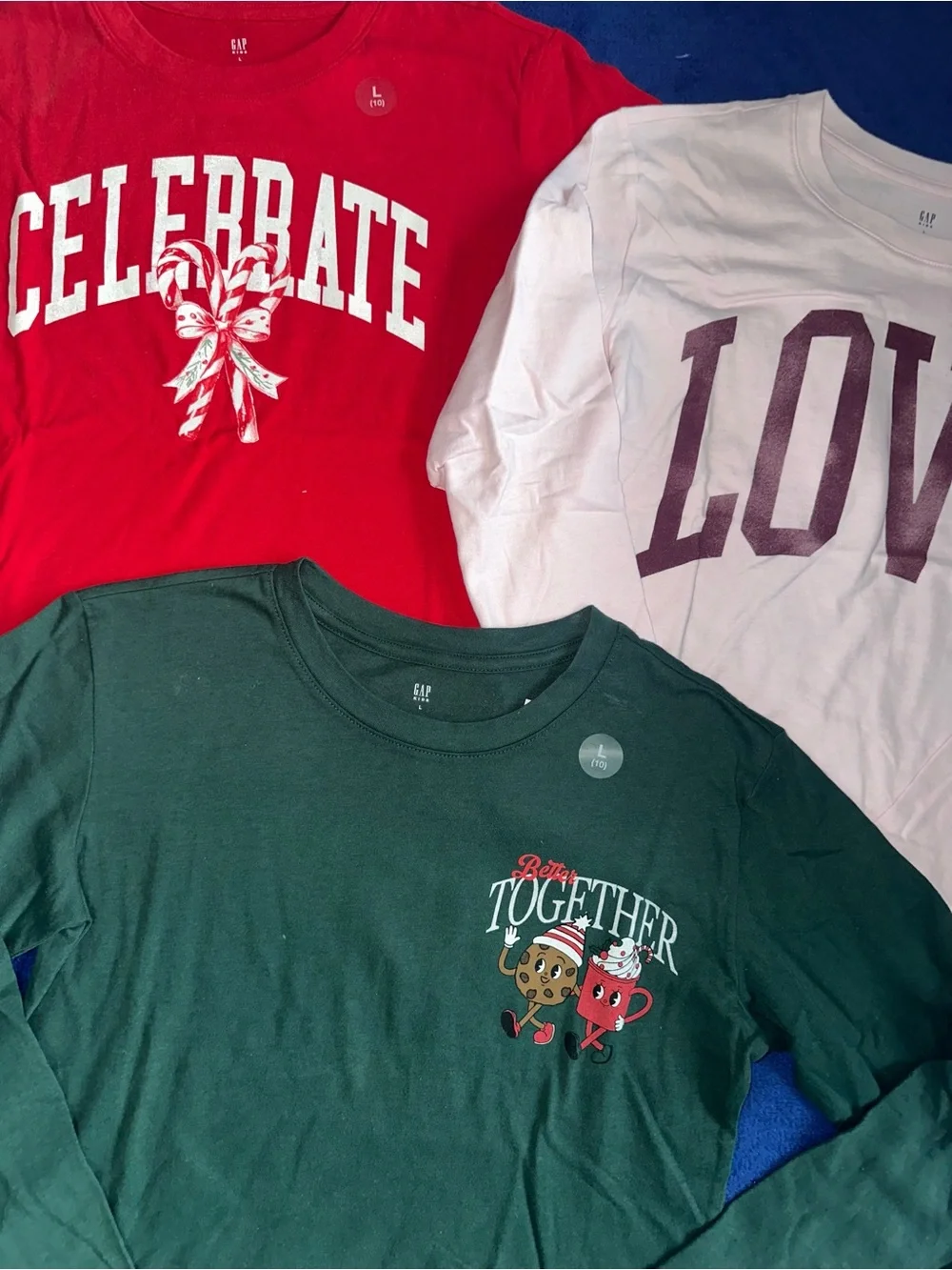 Gap Girls Size Large L Lot of 3 Long Sleeve T-Shirts Love Holiday Red Green Pink
